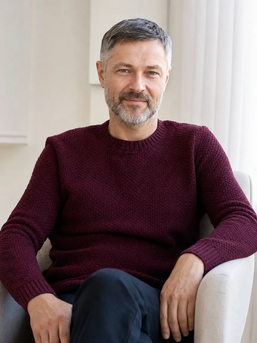 Андрей Белов в кресле, спокойная улыбка